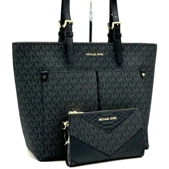 Michael Kors Jet Set Medium Pocket Tote Bag & Double Zip Wallet Black Multi